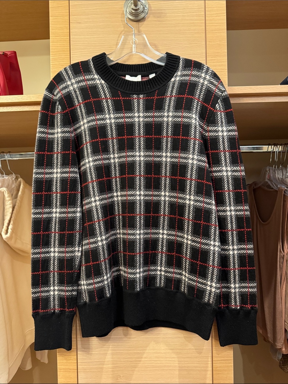 Burberry Black Plaid Crewneck Sweater with White and Red Check